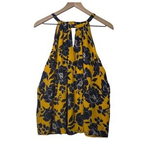 Womens Size Large Yellow Floral Silk Sleeveless Halter Blouse Top Greylin